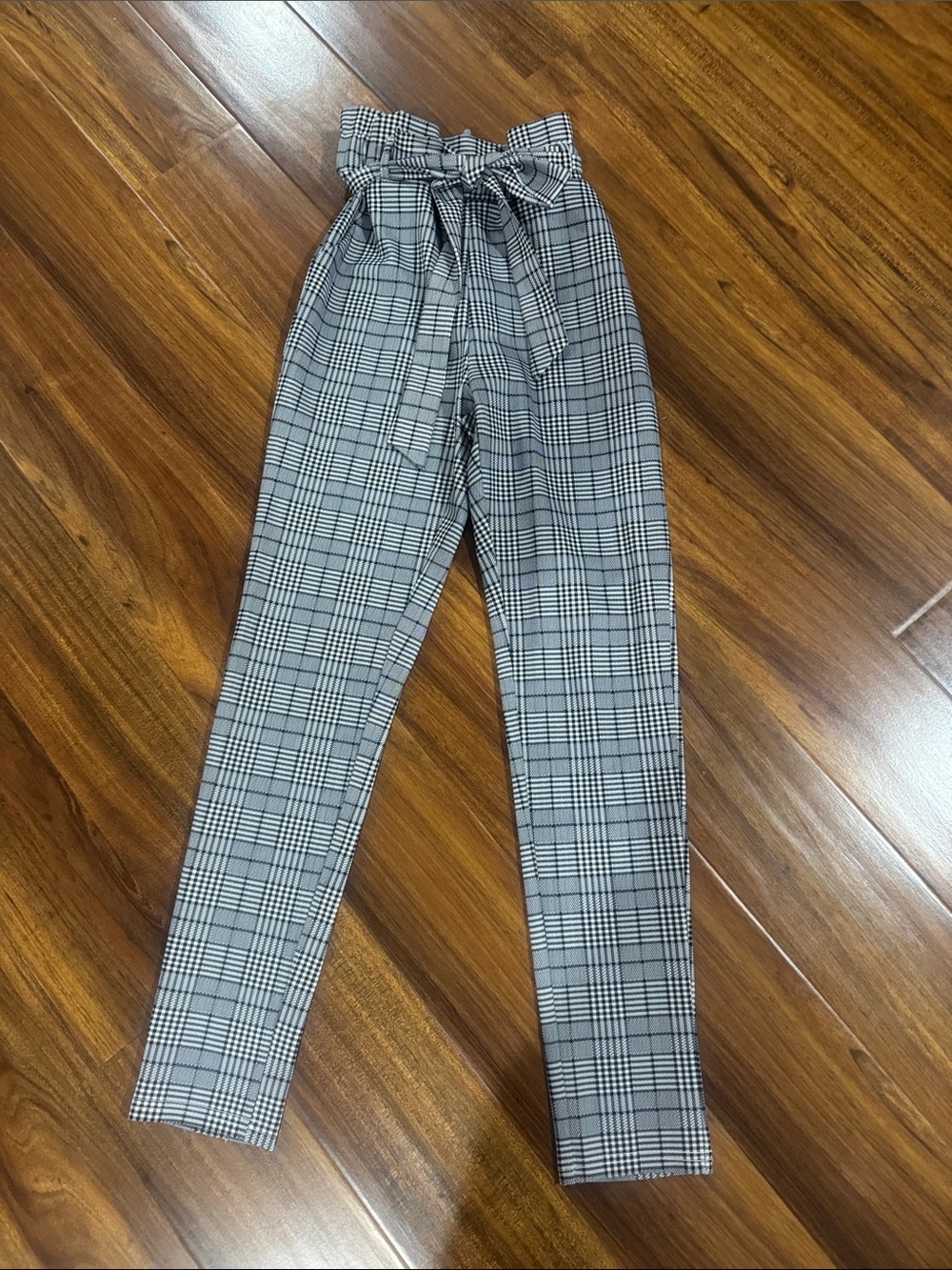 Paperbag Waist Plaid Tapered Pants - Gray